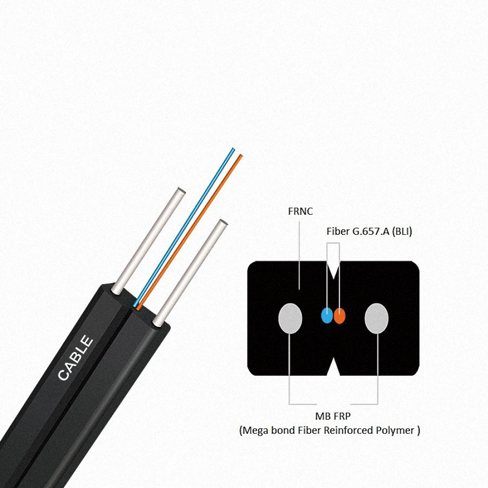 Universal use (indoor and outdoor laying), Singlemode SM (OS2) E9/125, 2, Drop cable, FTTH (Fiber to the Home), Product Code CMS-DROP-DF02E9B - product image  1