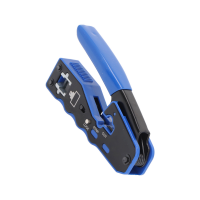 Tool for crimping 8P/RJ45 feedthroughs, with cable stripper and cutter