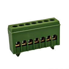 Electric neutral bus isolated on a 7-hole DIN rail, green
