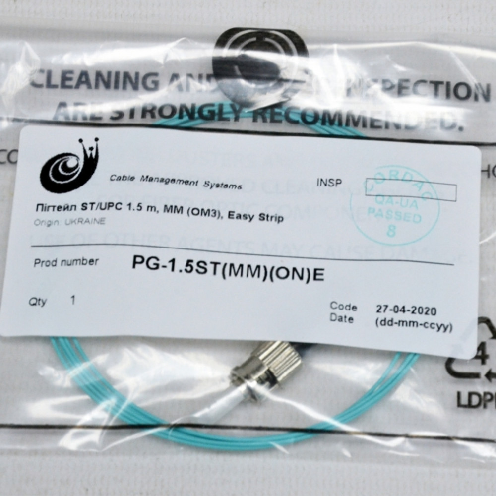 Pigtails, Multimode MM (OM4) G50/125, UPC (Ultra Physical Contact), ST, Product Code PG-1.5ST(MM)(ON)Е - product image  1
