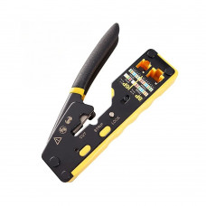 Tool for crimping 8P/RJ45 feedthroughs and 6P6C/6P4C telephones, with cable stripper and cutter